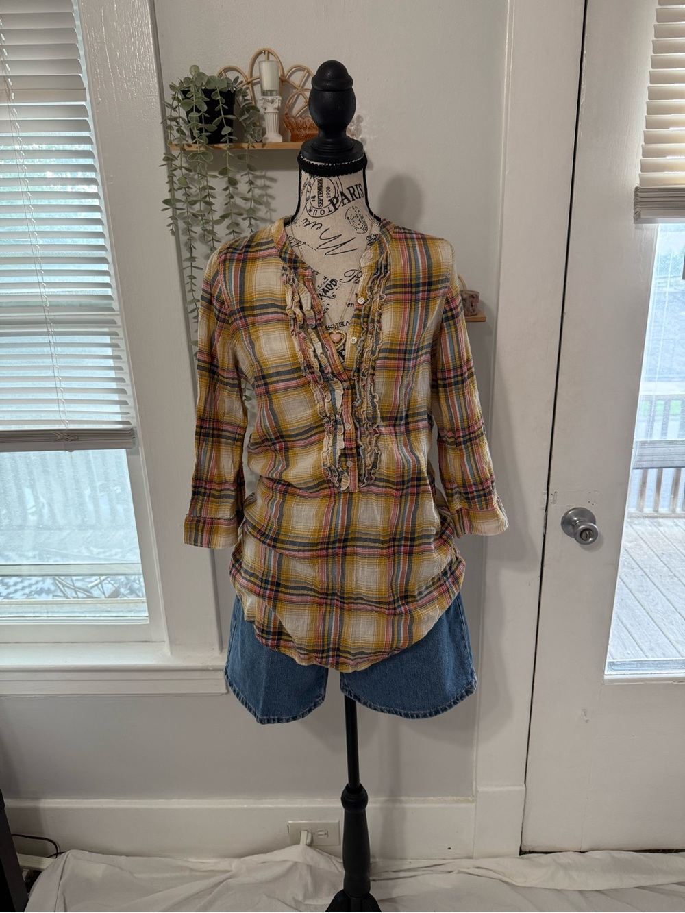 Hollister Yellow Plaid Ruffle-Front Button Down Shirt
